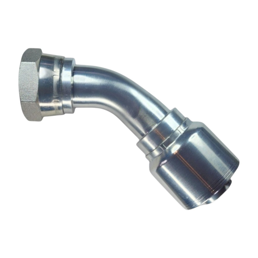Female JIC Swivel 1 1/4” to Hose Crimp 1 1/4” 45 Deg Hydraulic Fitting