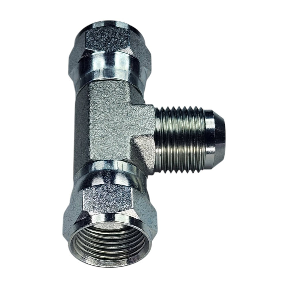 Female JIC Swivel to Female JIC Swivel to Male JIC Tee View B