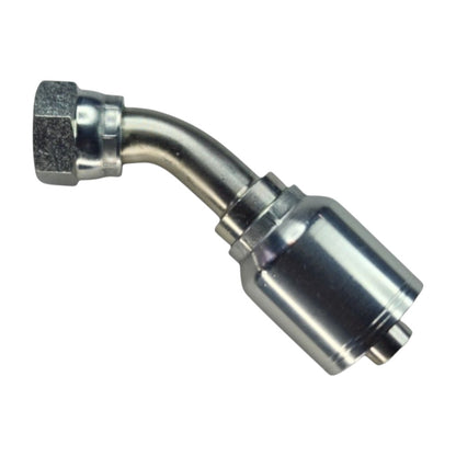 3/8 Hose x 1/4 JIC Female Swivel 45 Degree Hydraulic Hose End Crimp Fitting | FJX45-06-04 3/8 Hose x 1/4 JIC Female Swivel 45 Degree Hydraulic Hose End Crimp Fitting | FJX45-06-04
