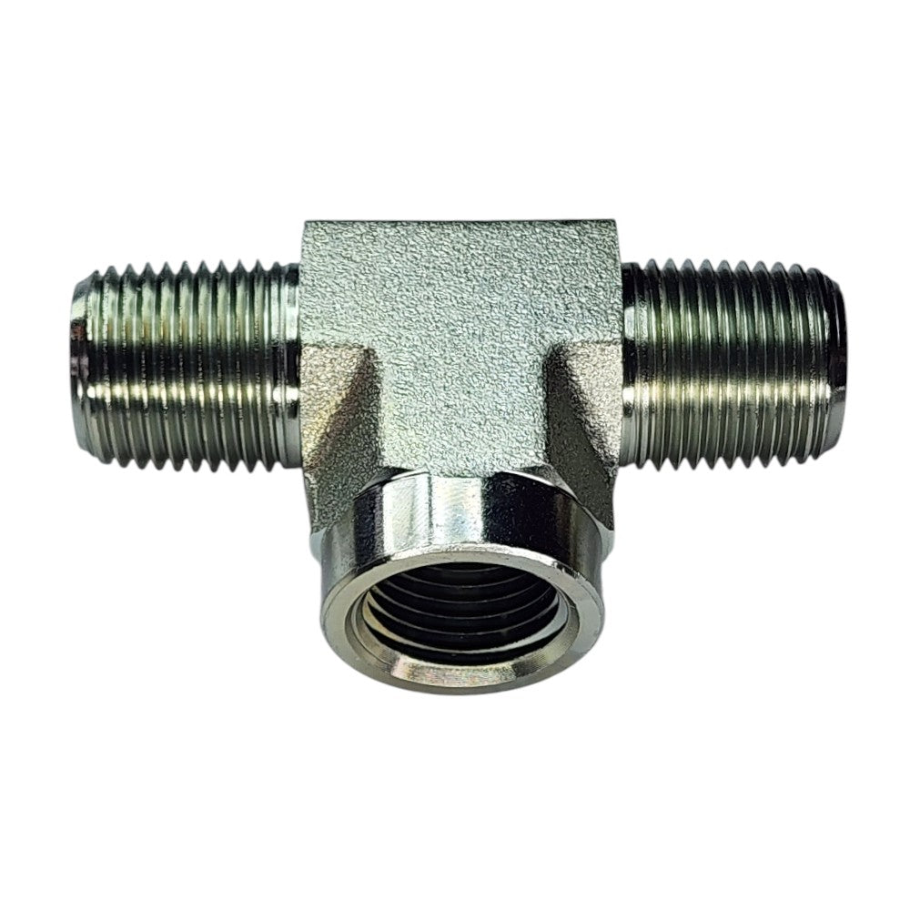 Male NPT to Male NPT to Female NPT Tee Hydraulic Fitting View D