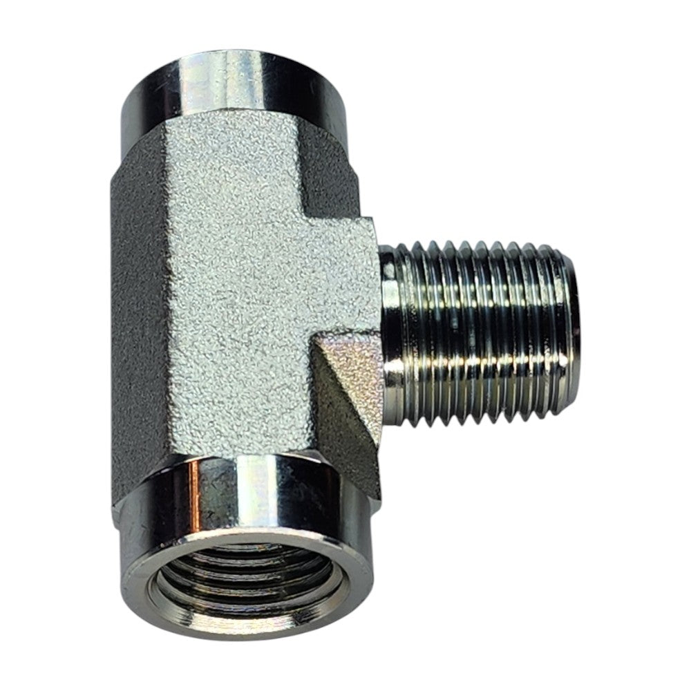Female NPT to Female NPT to Male NPT Tee Hydraulic Fitting View B