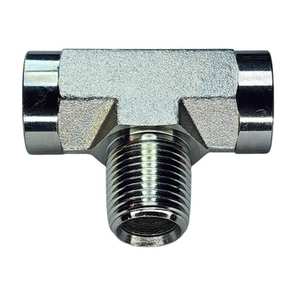 Female NPT to Female NPT to Male NPT Tee Hydraulic Fitting View D