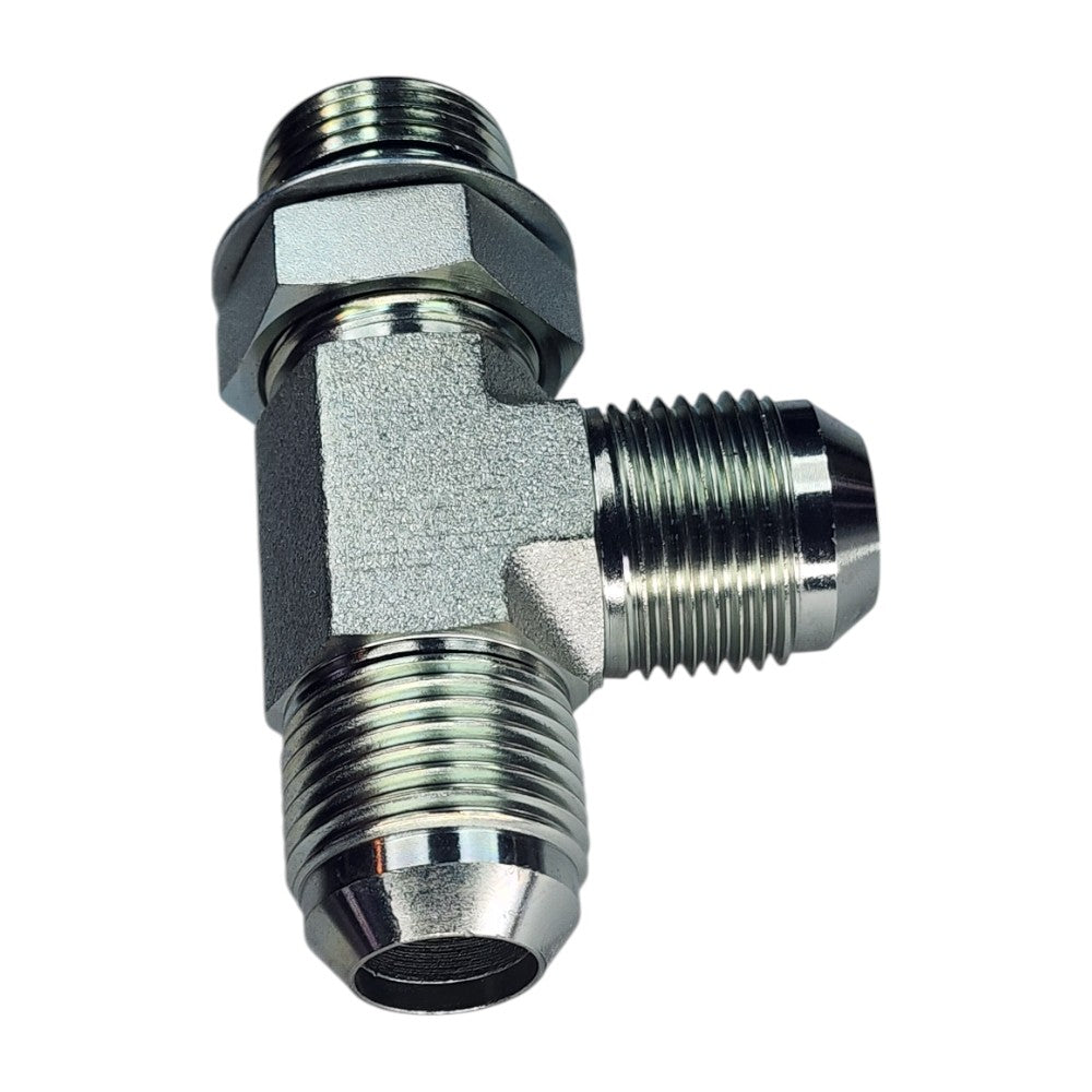 Male JIC to Male O-Ring Boss to Male JIC Tee View B