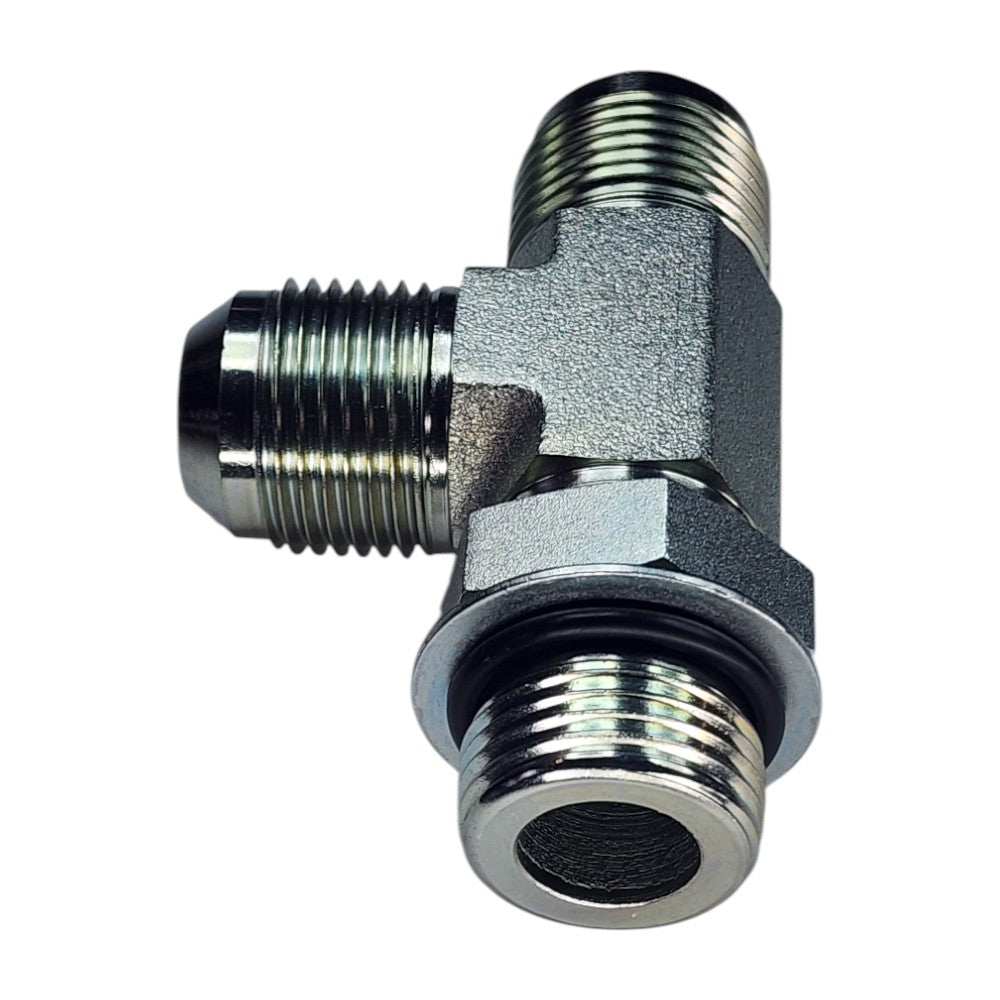Male JIC to Male O-Ring Boss to Male JIC Tee View C