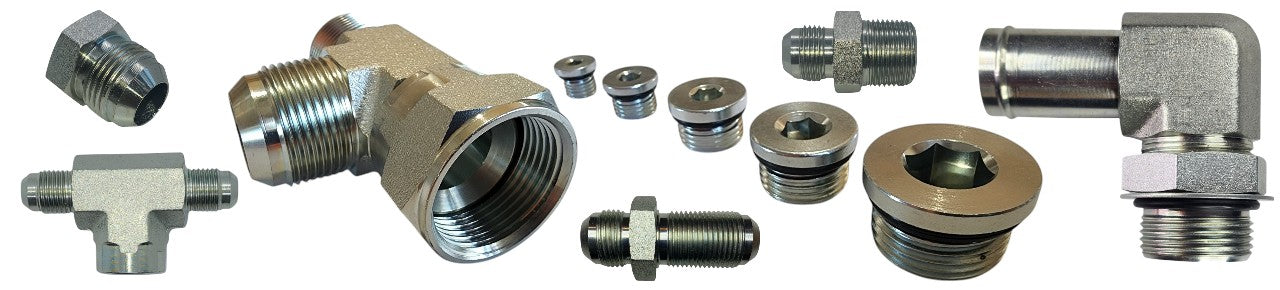 Assorted hydraulic fittings and components including JIC, O-ring boss, bulkhead, and crimp fittings – TR Hydraulics Canada
